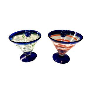 Handblown Glass Martini Glass Set Of 2 By Gil NY 2009 With Blue Rim & Base Orang